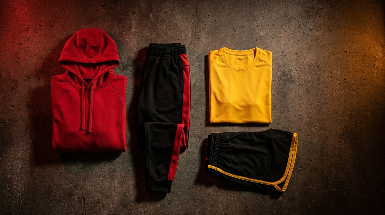 Deadpool and Wolverine themed red and yellow tactical apparel flat lay
