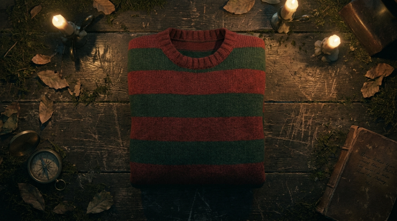 Nightmare on Elm Street Freddy Krueger themed red and green striped horror apparel flat lay
