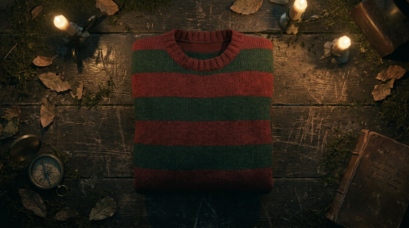 Nightmare on Elm Street Freddy Krueger themed red and green striped horror apparel flat lay