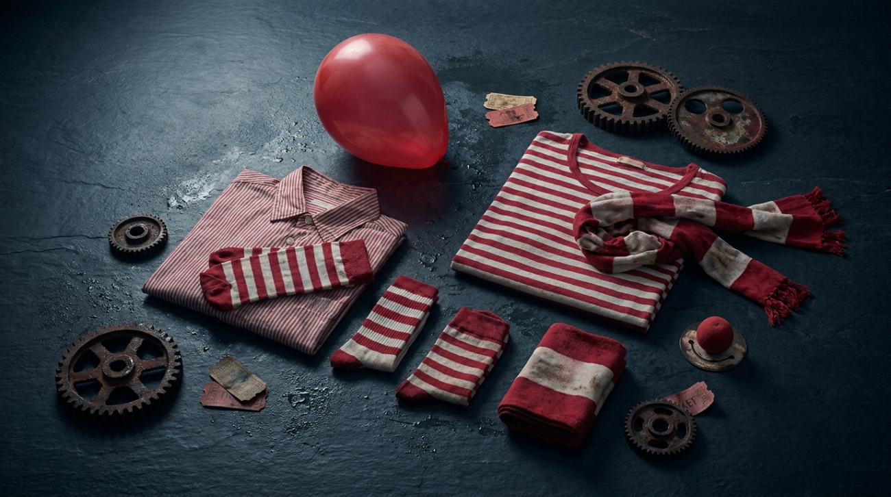 IT Pennywise themed red and white horror clown apparel flat lay