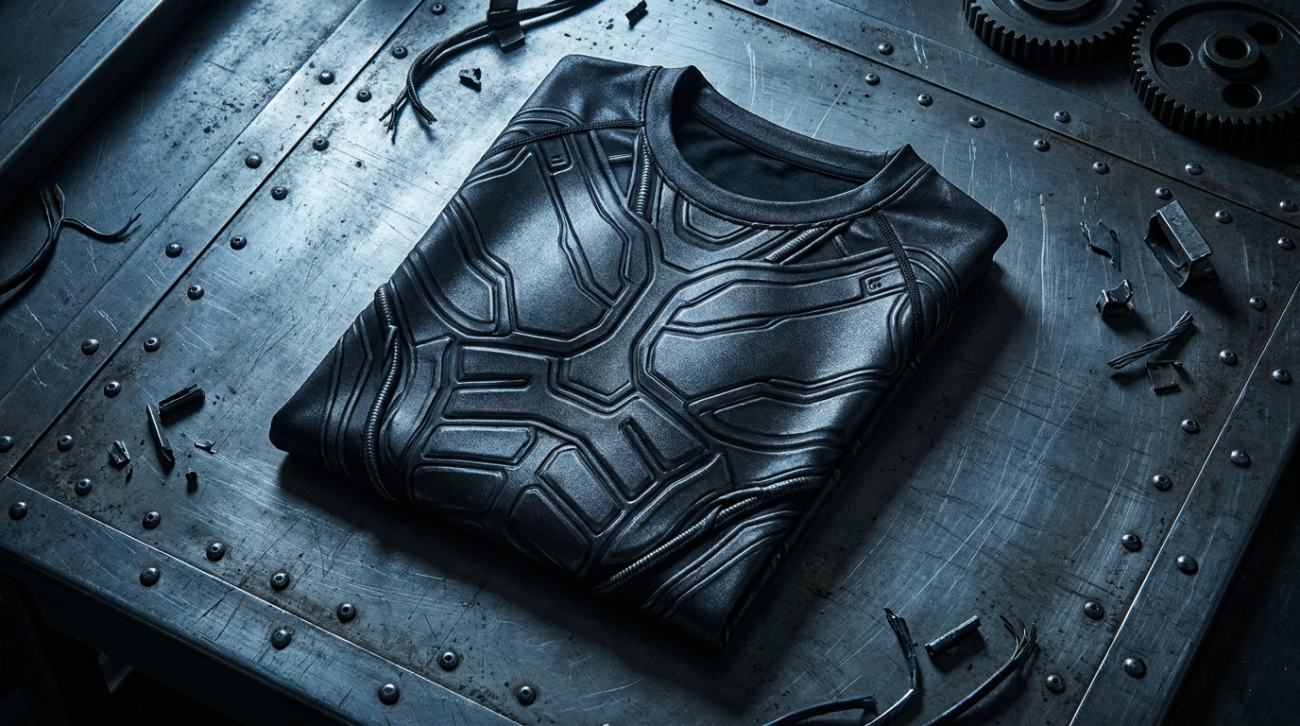 Alien Xenomorph themed glossy black biomechanical sci-fi apparel flat lay