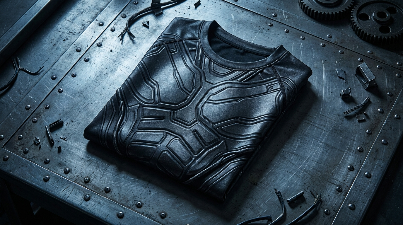 Alien Xenomorph themed glossy black biomechanical sci-fi apparel flat lay