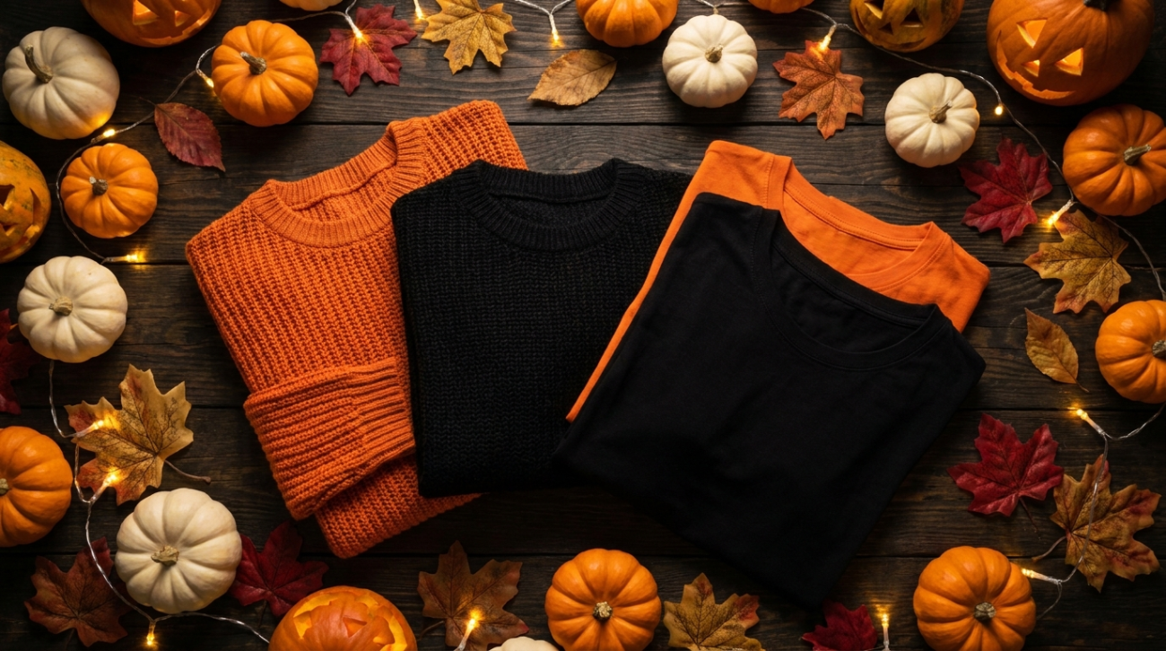 Halloween themed orange and black seasonal apparel flat lay