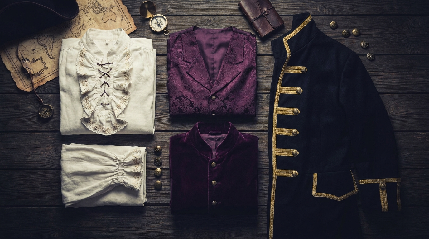 One Piece Whitebeard themed white and purple pirate apparel flat lay