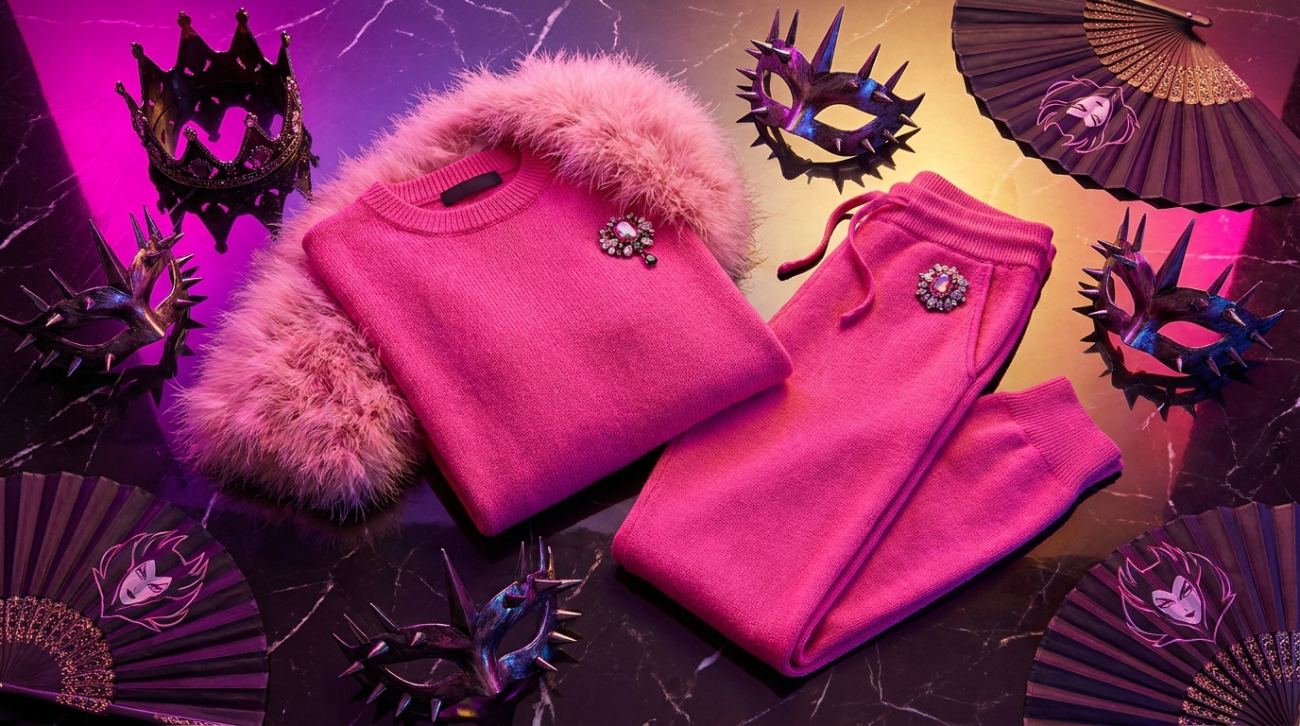 One Piece Doflamingo themed hot pink feather coat apparel flat lay