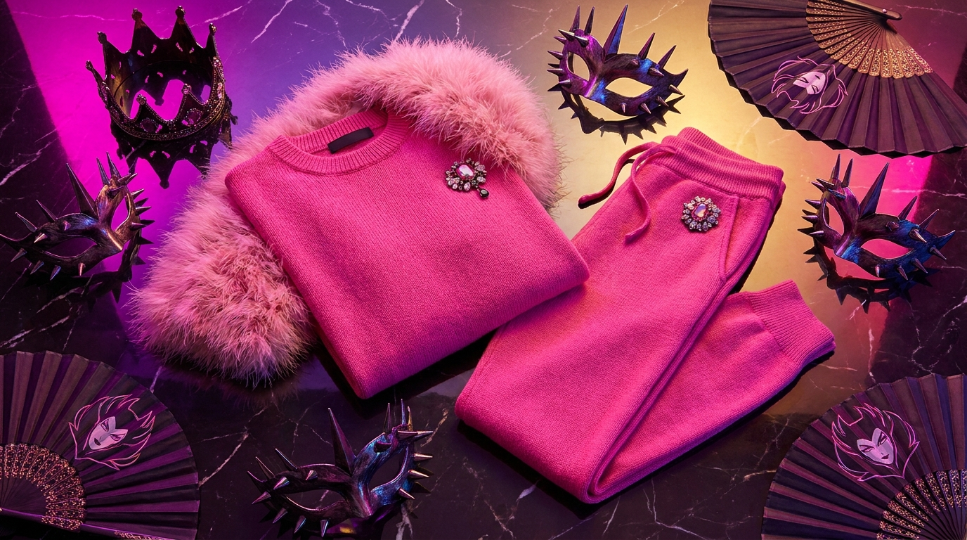 One Piece Doflamingo themed hot pink feather coat apparel flat lay