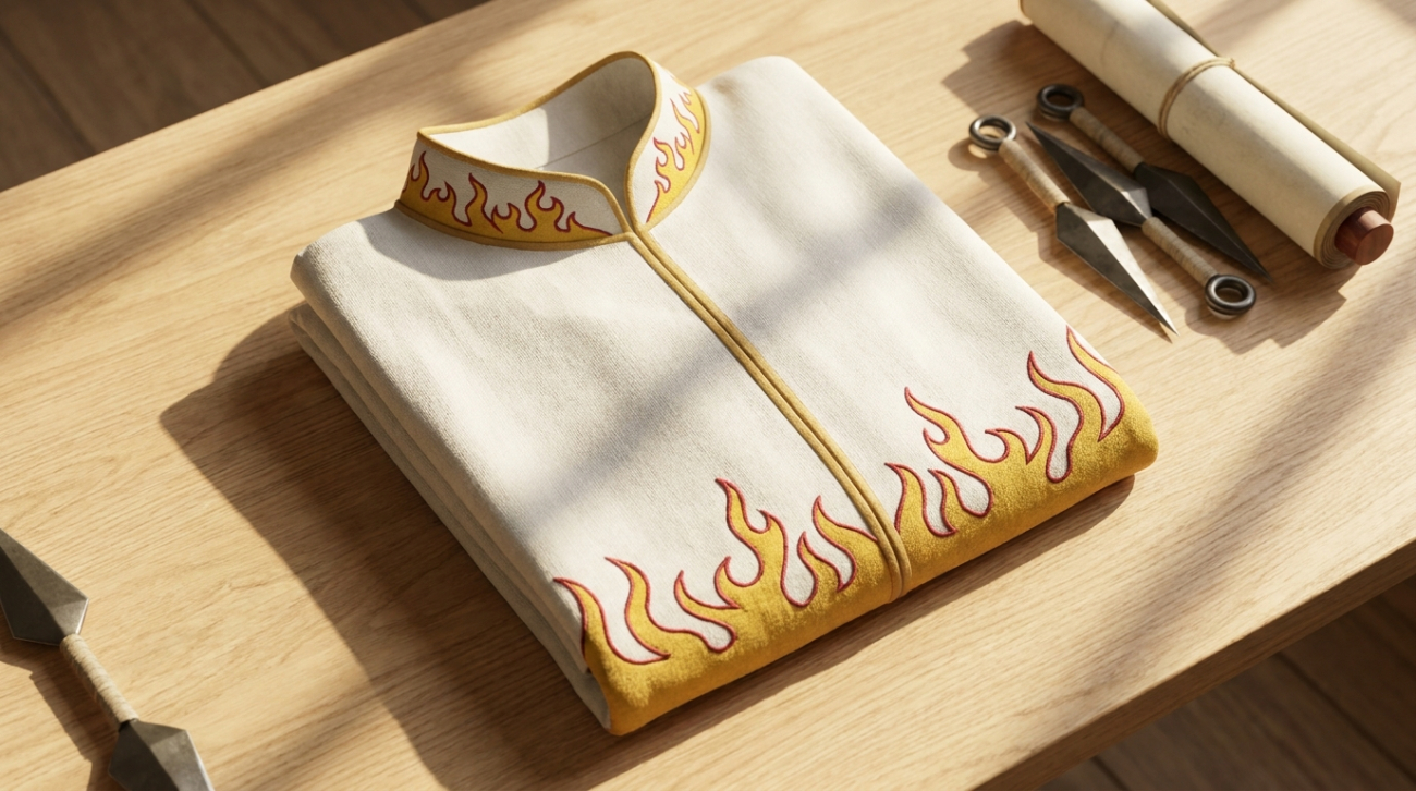 Naruto Fourth Hokage Minato themed yellow and white flame-trim cloak apparel flat lay