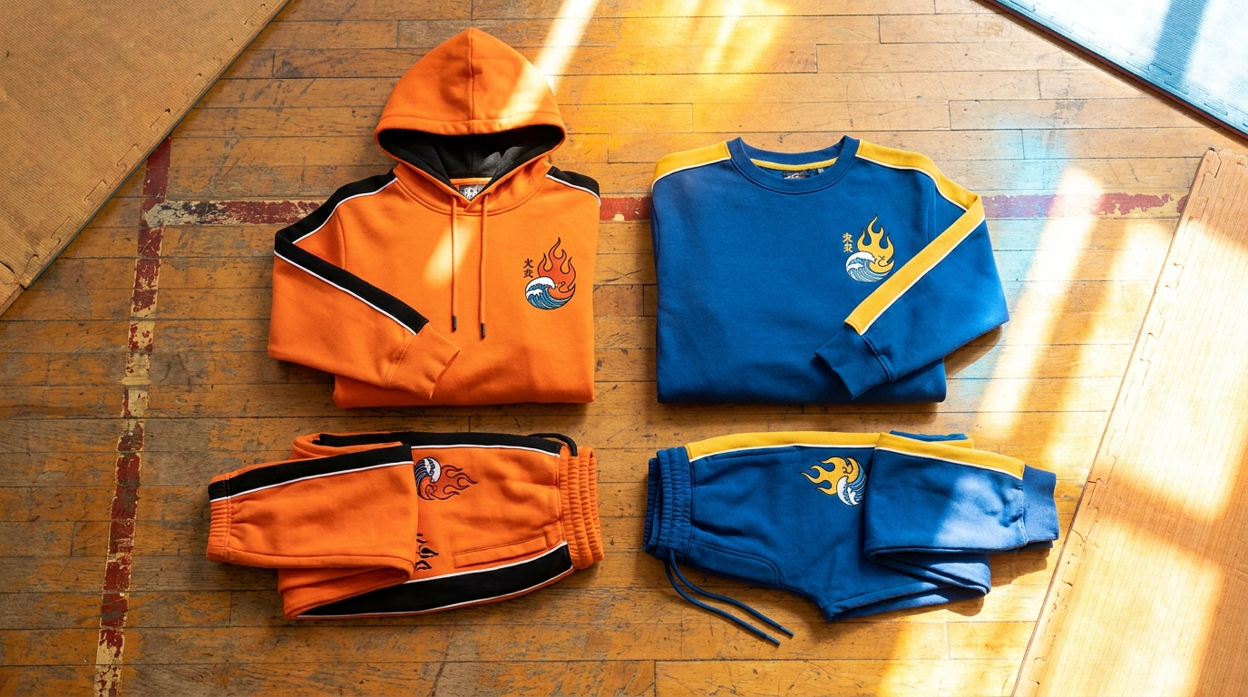 Dragon Ball Goku and Vegeta themed orange and blue saiyan apparel flat lay