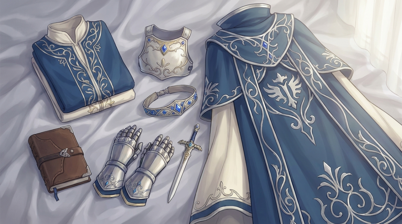 Re:Zero themed blue and white fantasy isekai apparel flat lay