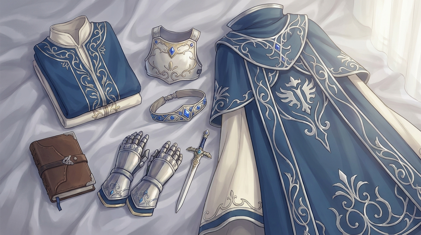 Re:Zero themed blue and white fantasy isekai apparel flat lay