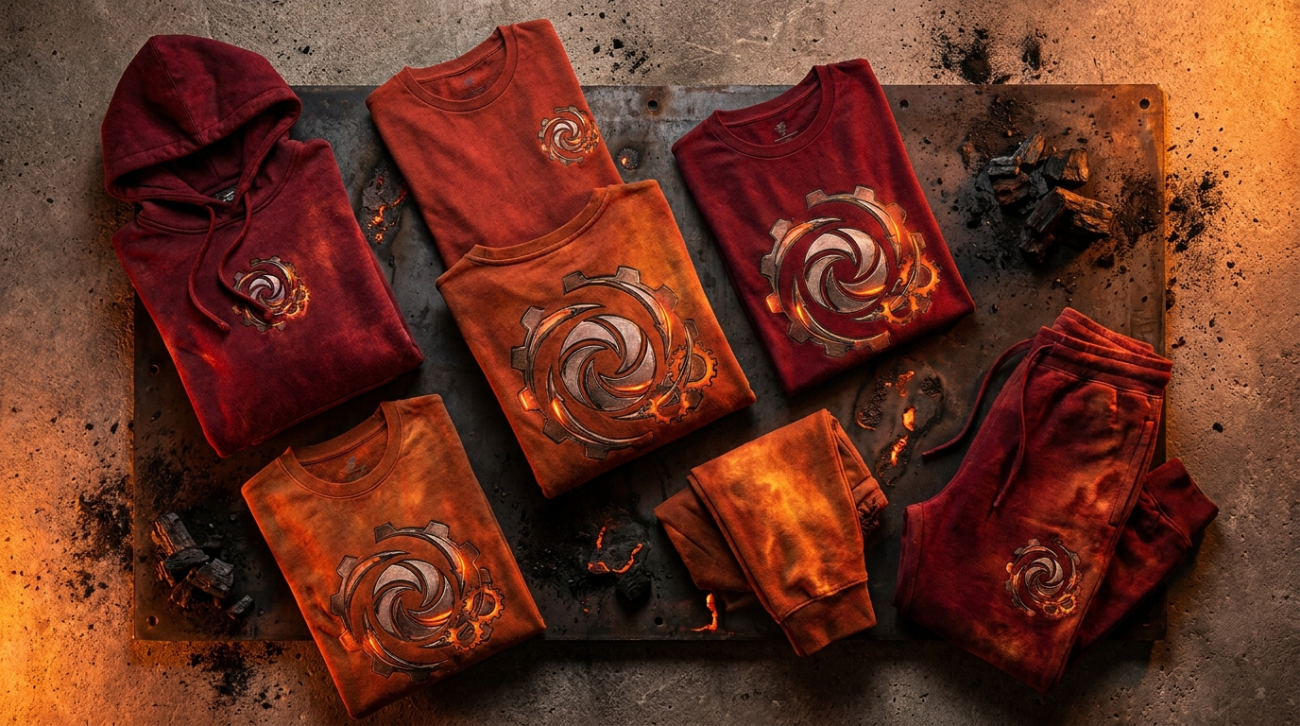 Gurren Lagann themed fiery red and orange mecha apparel flat lay