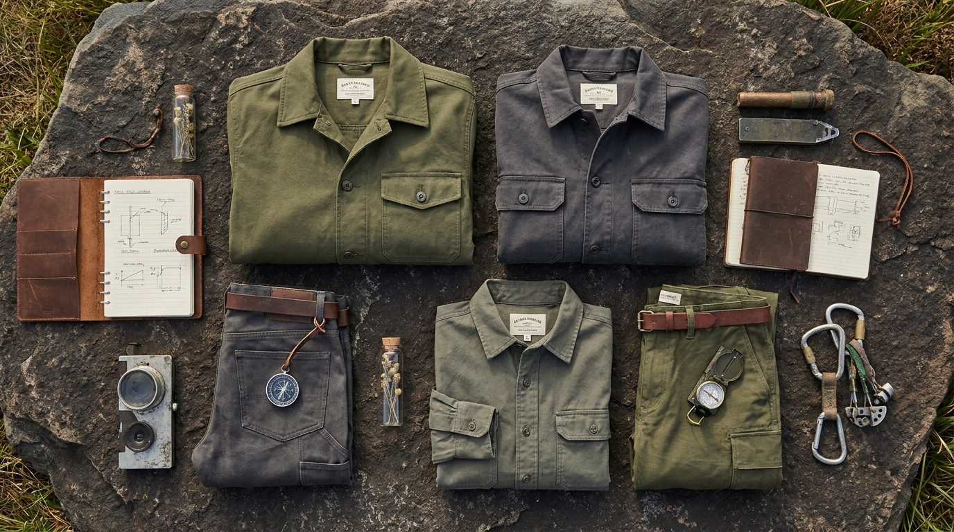 Dr Stone themed green and stone-gray science apparel flat lay