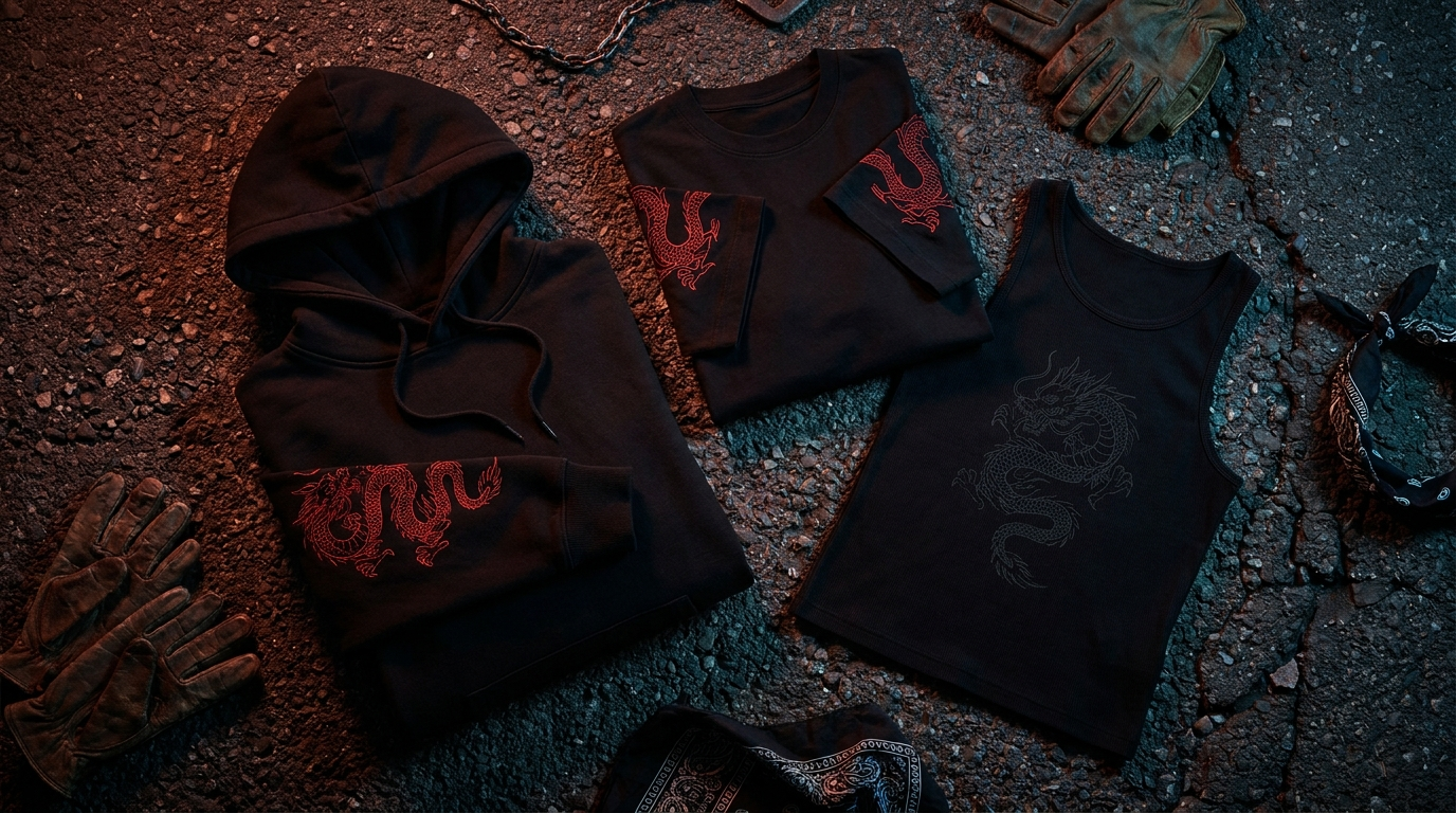 Tokyo Revengers Draken themed black biker apparel flat lay with dragon motif