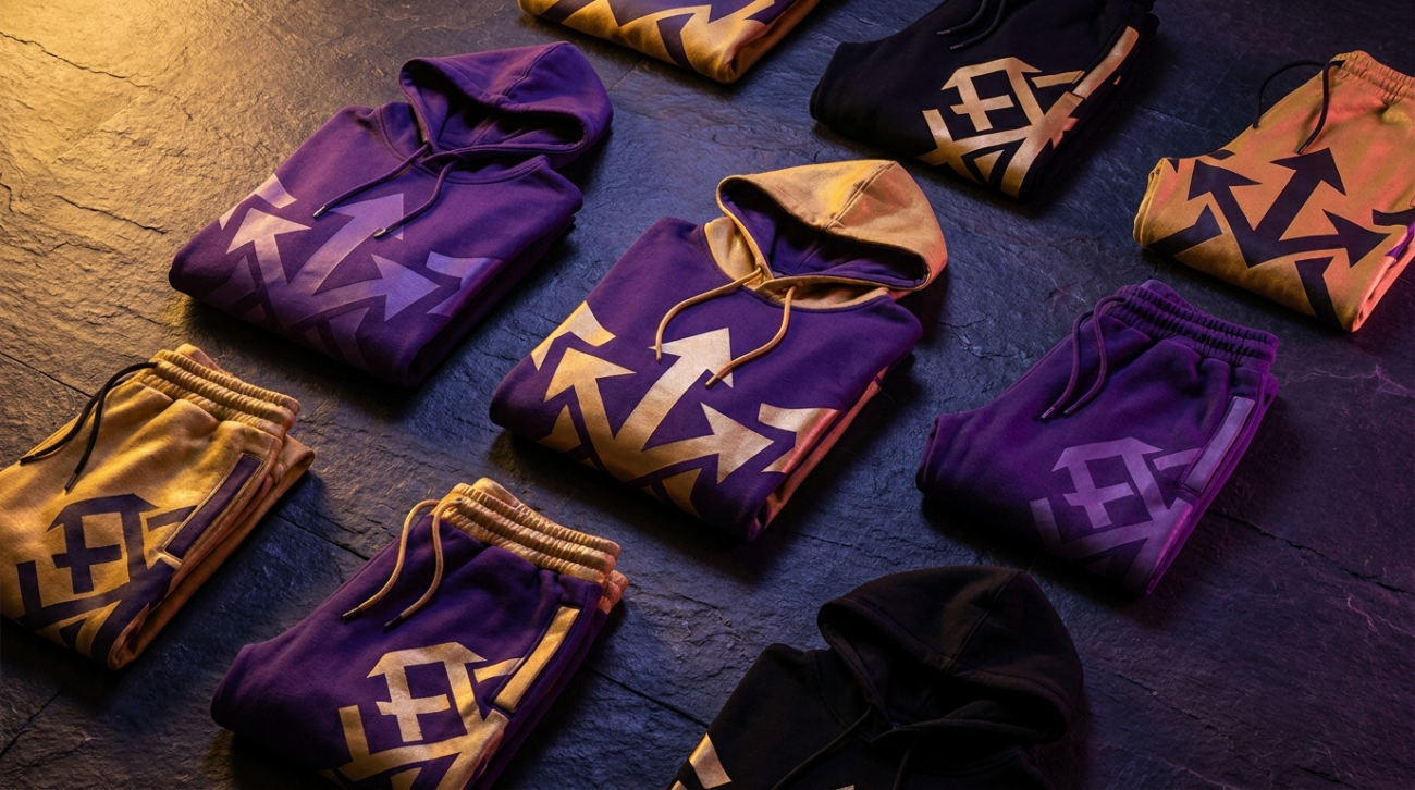 JoJo's Bizarre Adventure themed purple and gold flamboyant apparel flat lay