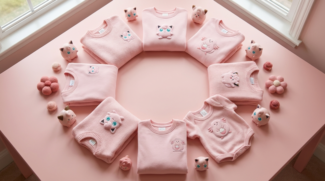 Pokemon Jigglypuff themed soft pink apparel flat lay