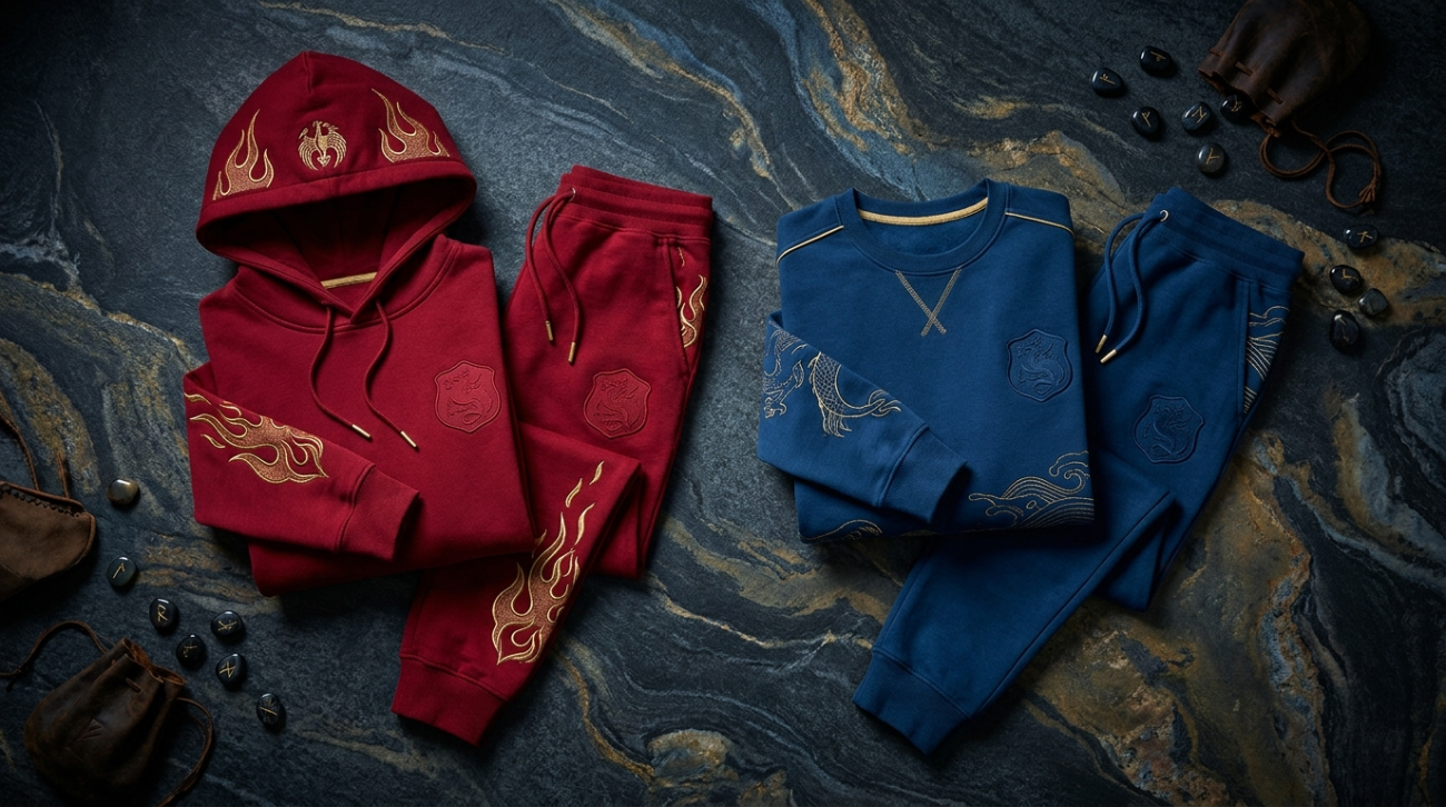 Pokemon Yveltal and Xerneas themed red and blue legendary apparel flat lay