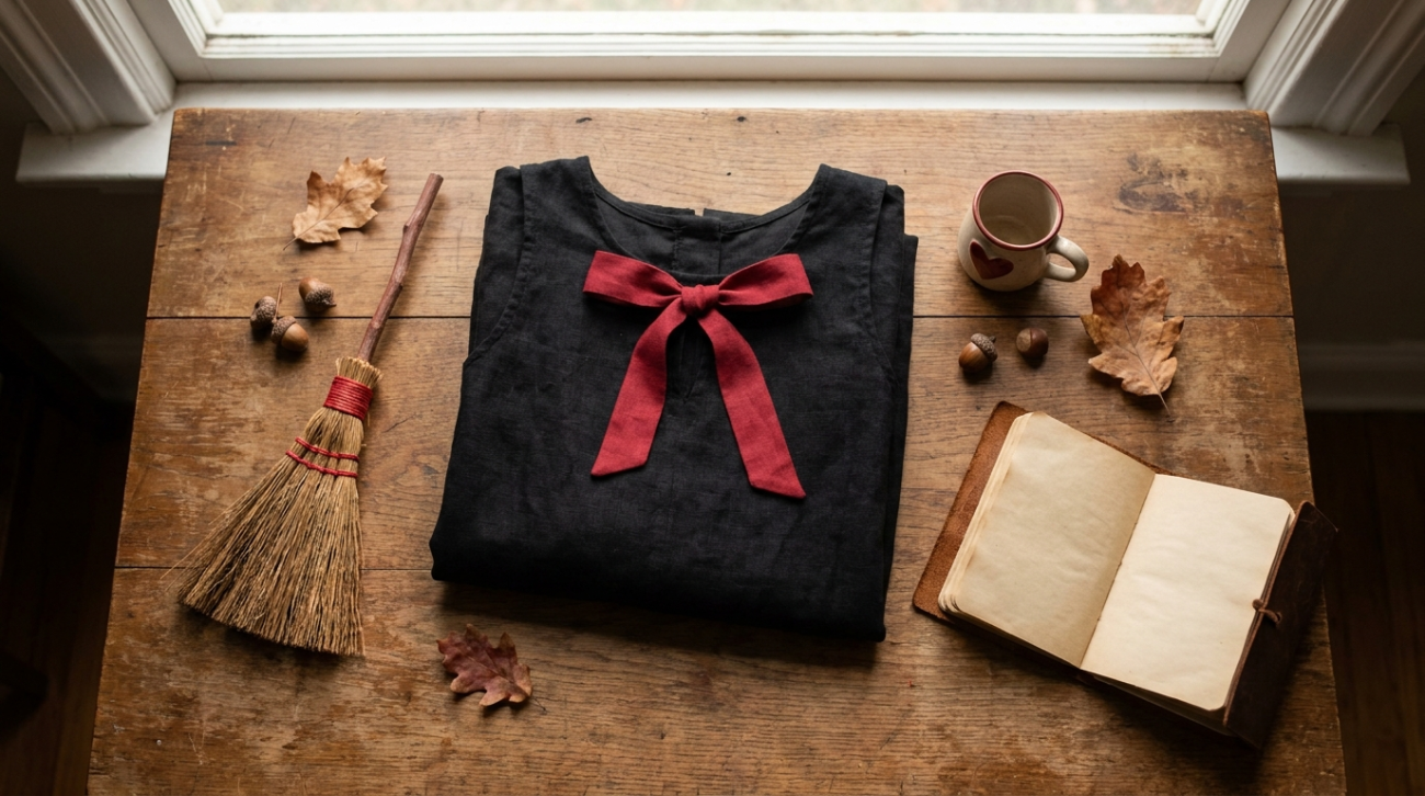 Kiki's Delivery Service themed black dress and red bow apparel flat lay