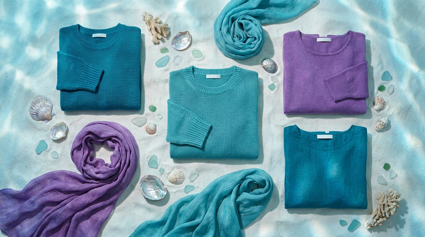 Little Mermaid Ariel themed teal and purple oceanic apparel flat lay