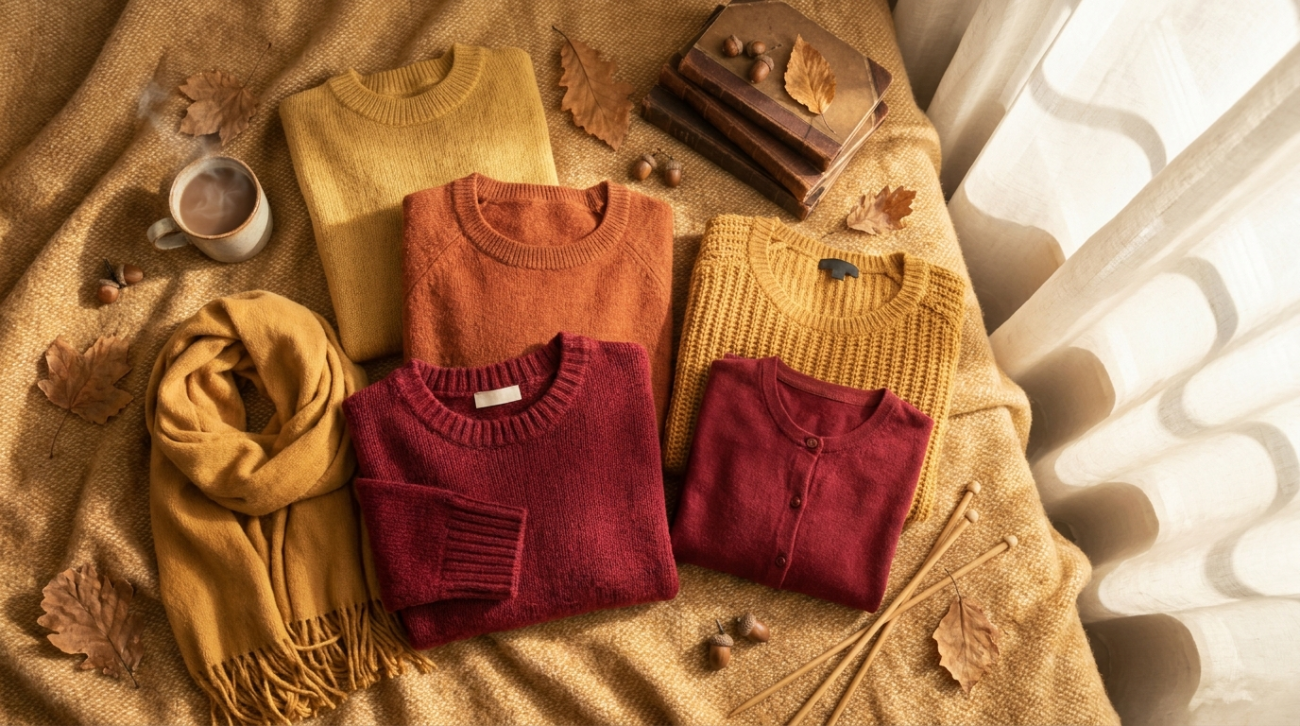 Winnie the Pooh themed golden yellow and red cozy apparel flat lay
