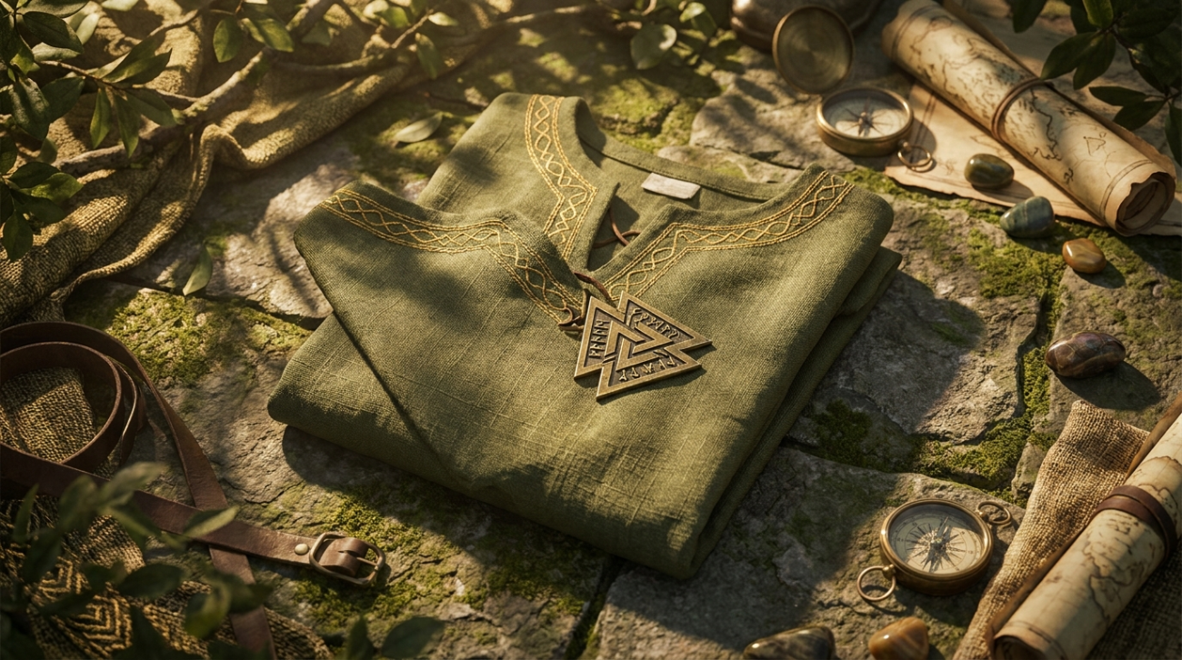 Legend of Zelda themed green tunic and gold adventurer apparel flat lay