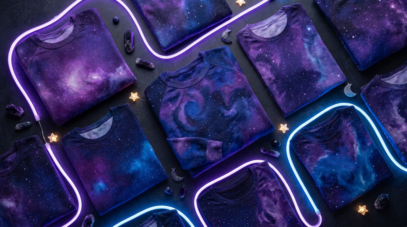 Galaxy space aesthetic themed cosmic purple and blue nebula apparel flat lay