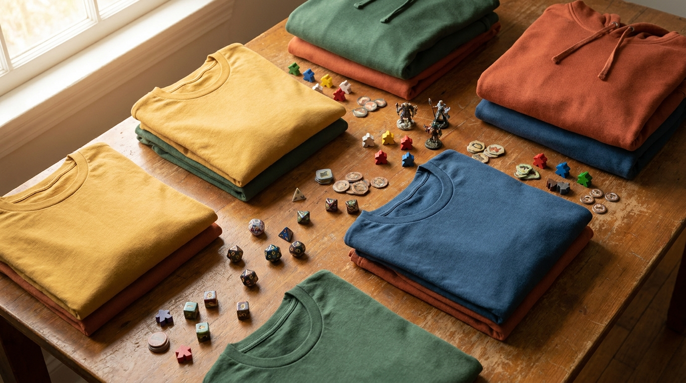 Board game tabletop themed colorful apparel flat lay with dice and game pieces