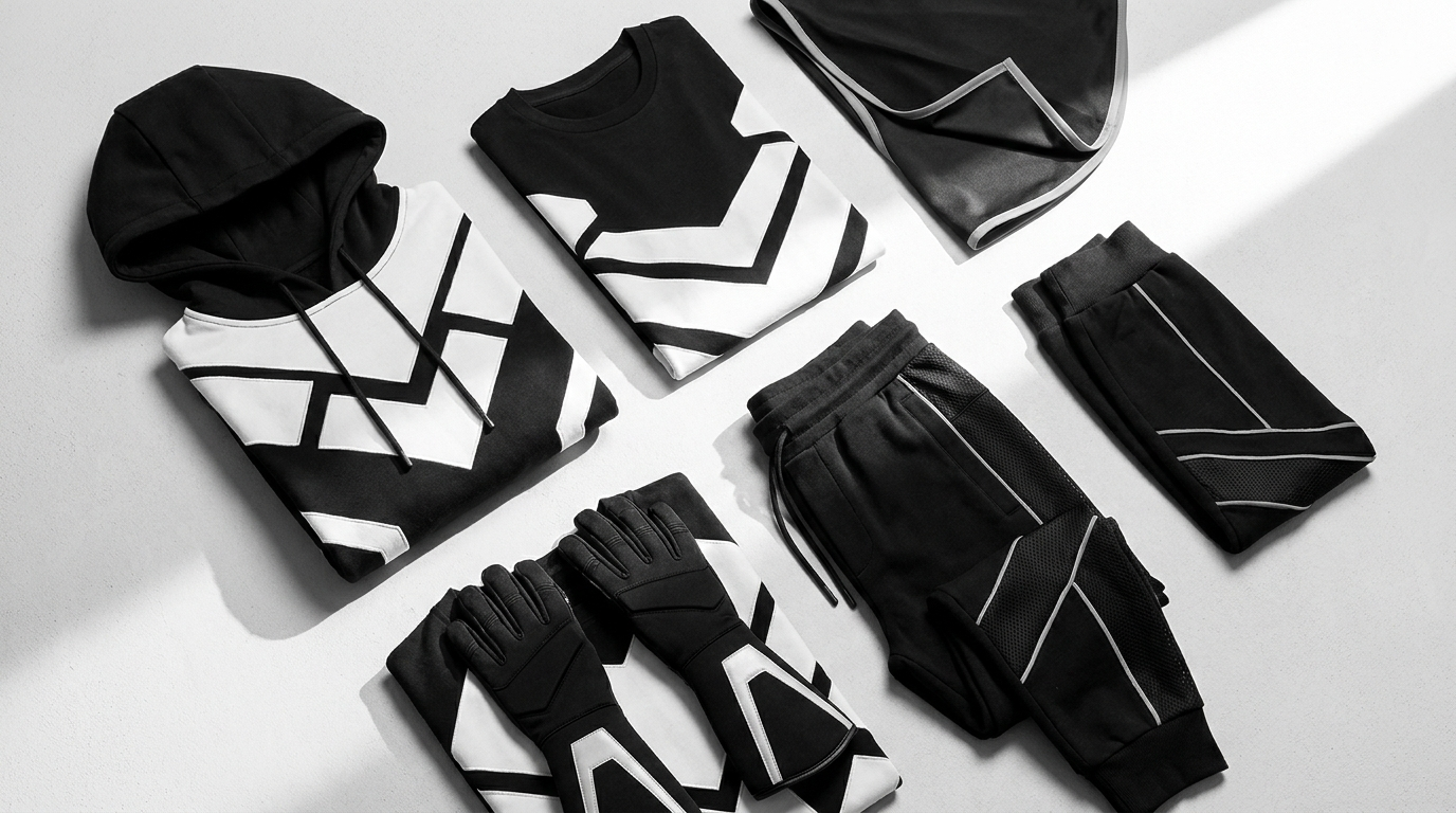 Black Power Ranger Mighty Morphin themed black and white hero apparel flat lay