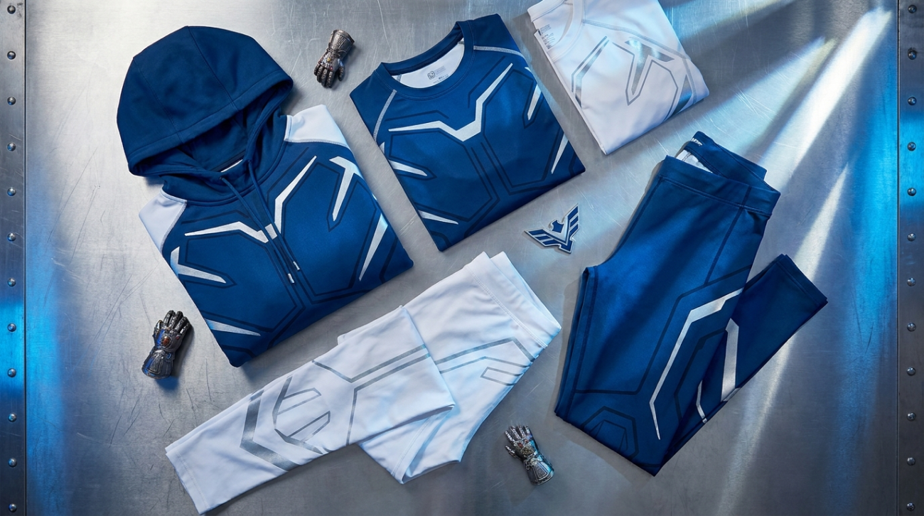 Blue Power Ranger Mighty Morphin themed blue and white hero apparel flat lay