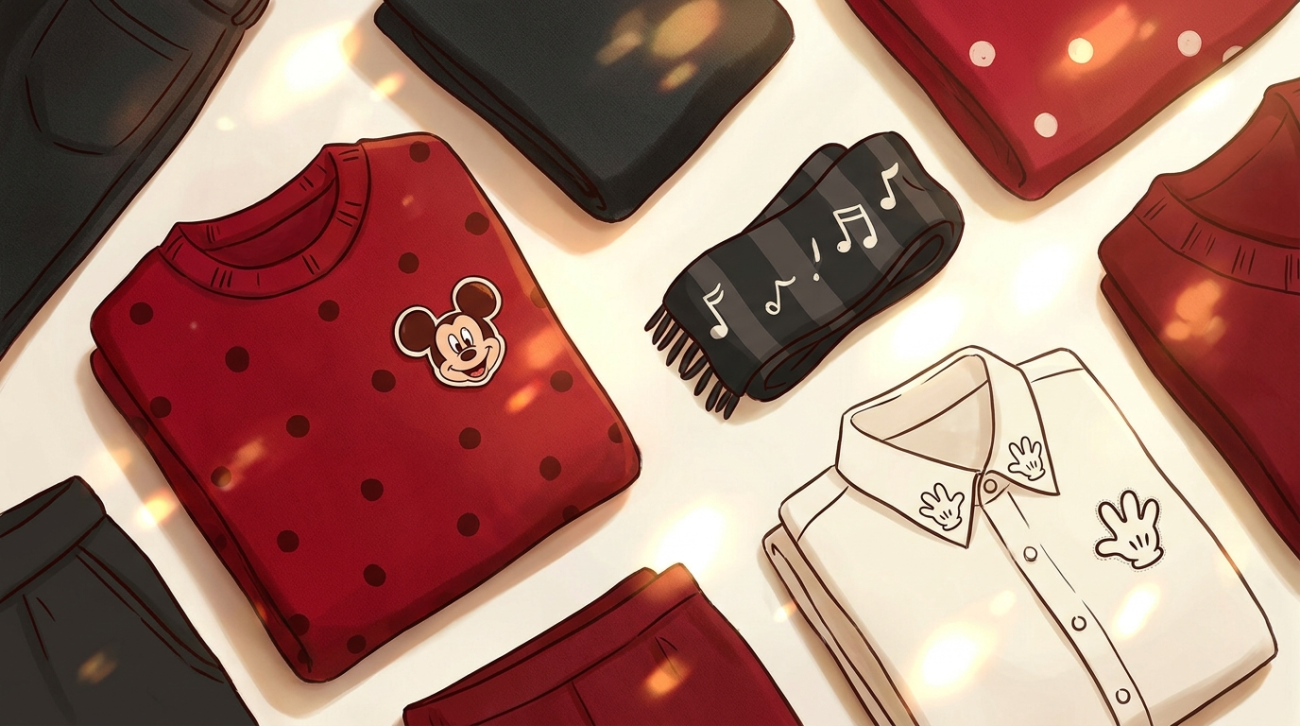 Mickey Mouse themed red and black classic cartoon apparel flat lay