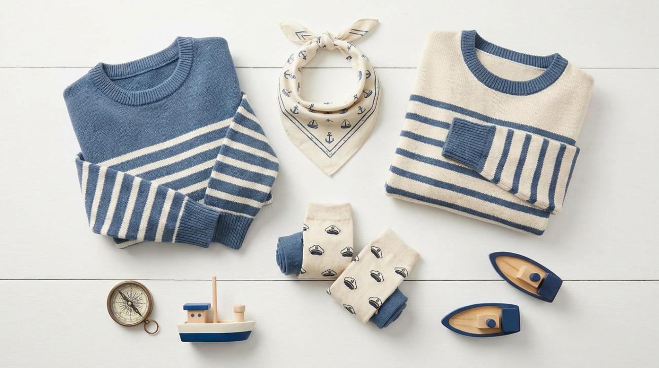 Donald Duck themed blue and white sailor cartoon apparel flat lay