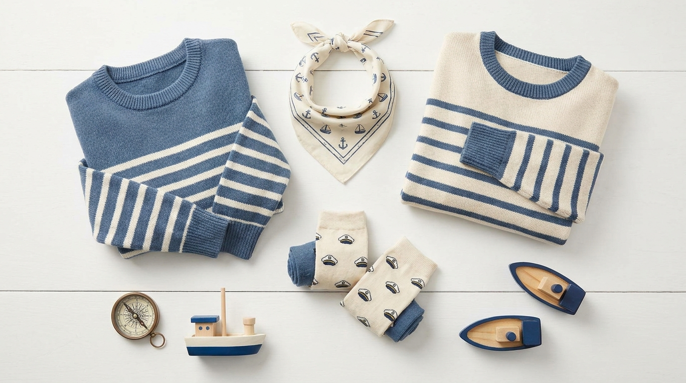Donald Duck themed blue and white sailor cartoon apparel flat lay