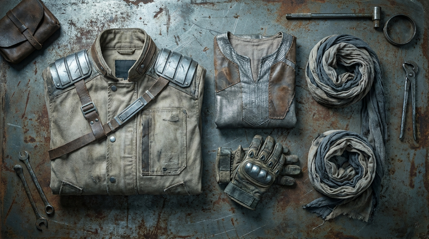 Mandalorian Star Wars themed beige and silver armor apparel flat lay