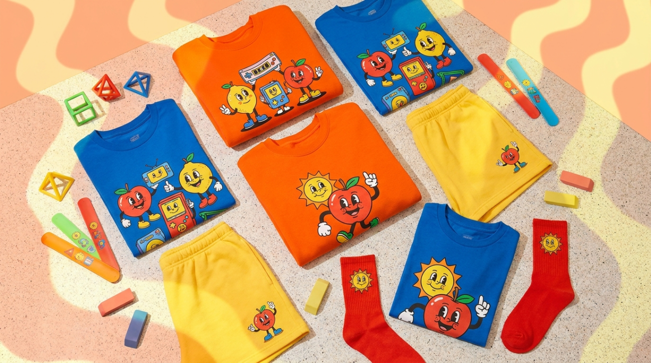 Nickelodeon 90s cartoon themed bright orange apparel flat lay