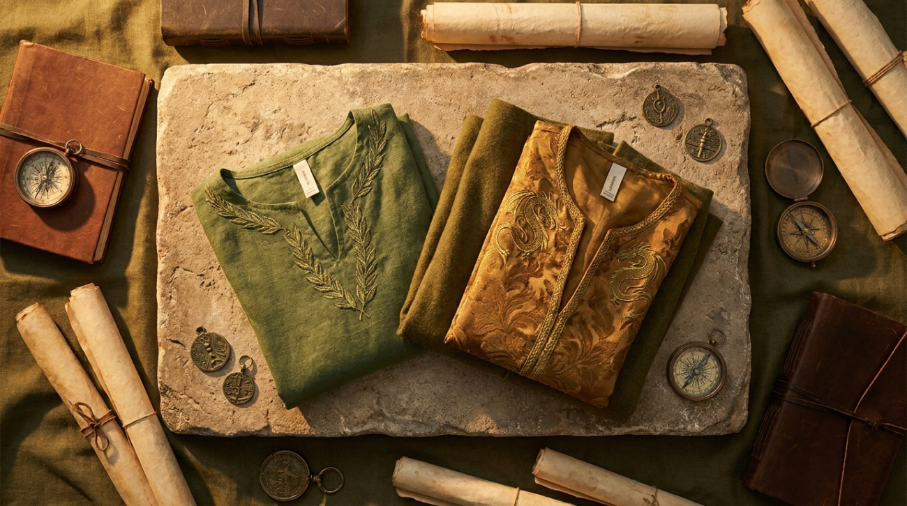 Lord of the Rings themed earthy green and gold fantasy apparel flat lay