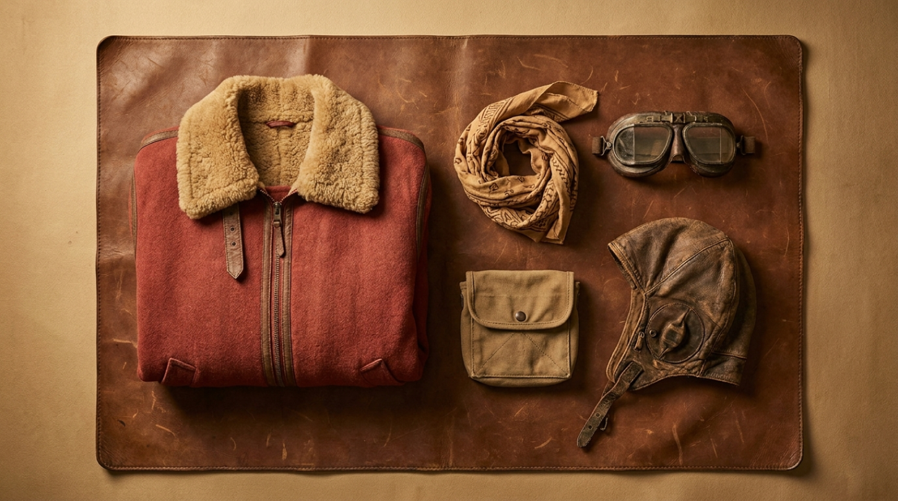 Porco Rosso themed vintage red seaplane aviator apparel flat lay