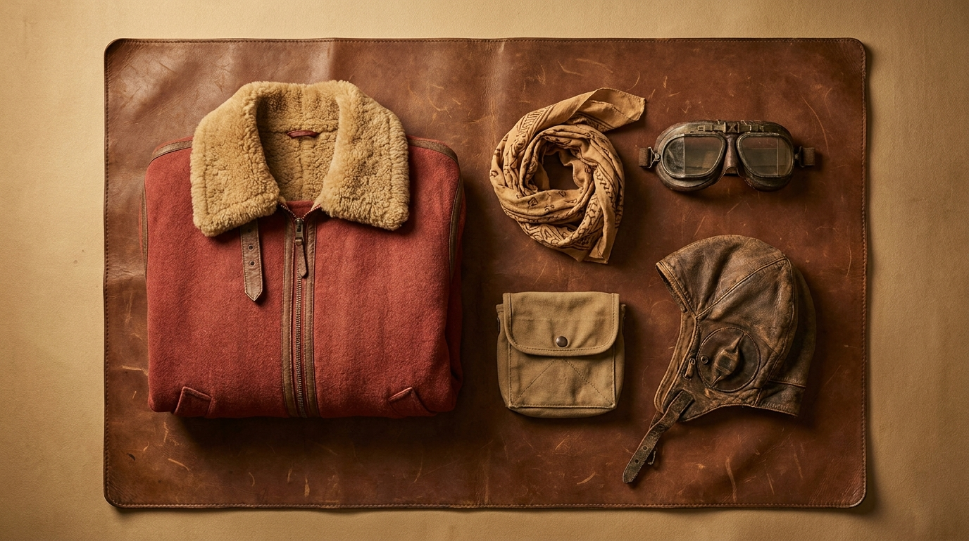 Porco Rosso themed vintage red seaplane aviator apparel flat lay