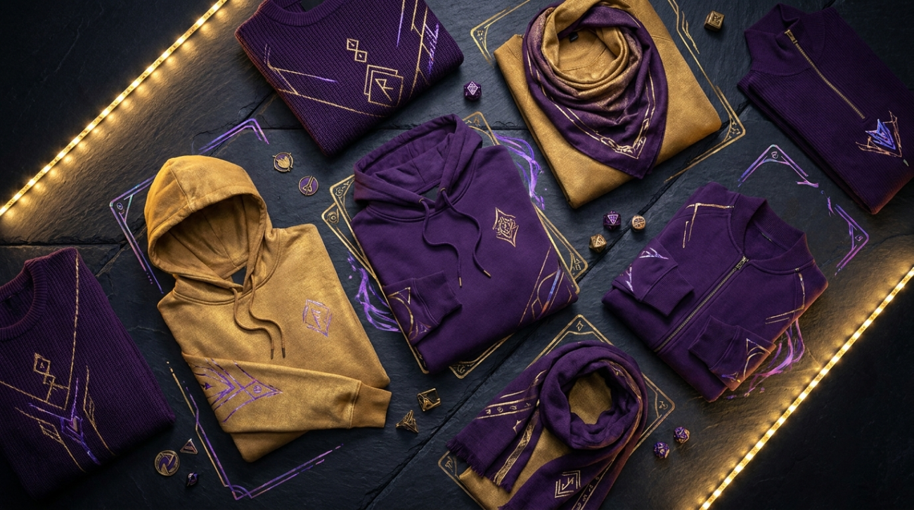 Yu-Gi-Oh themed purple and gold duel monsters card game apparel flat lay