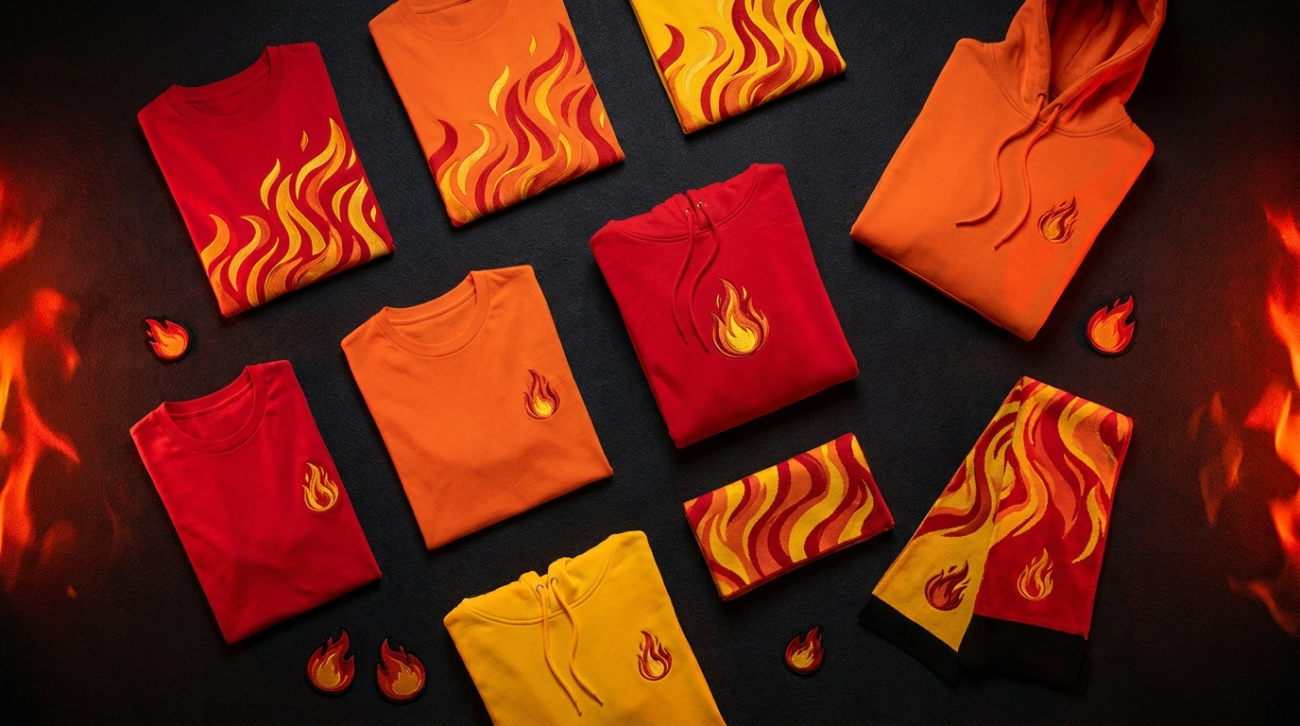 Demon Slayer Rengoku Flame Hashira themed red and orange flame apparel flat lay