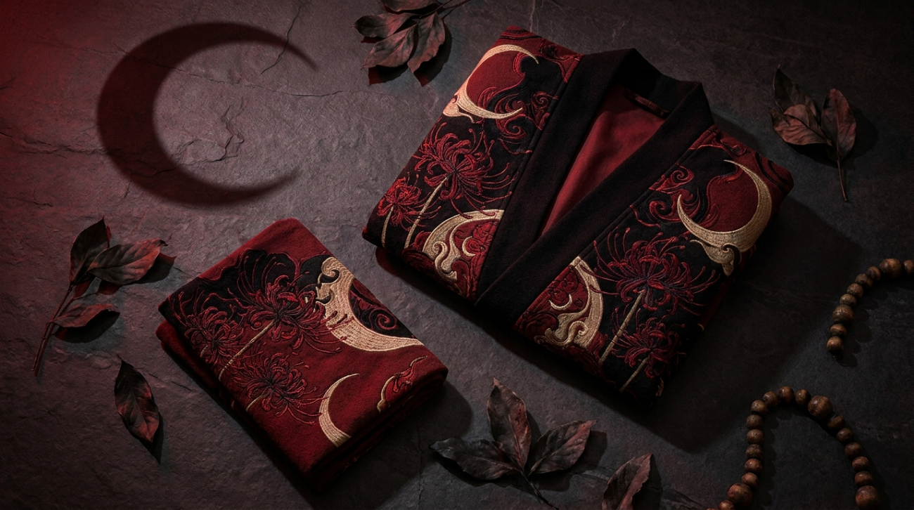 Demon Slayer Gyutaro and Daki Upper Moon themed dark crimson obi apparel flat lay