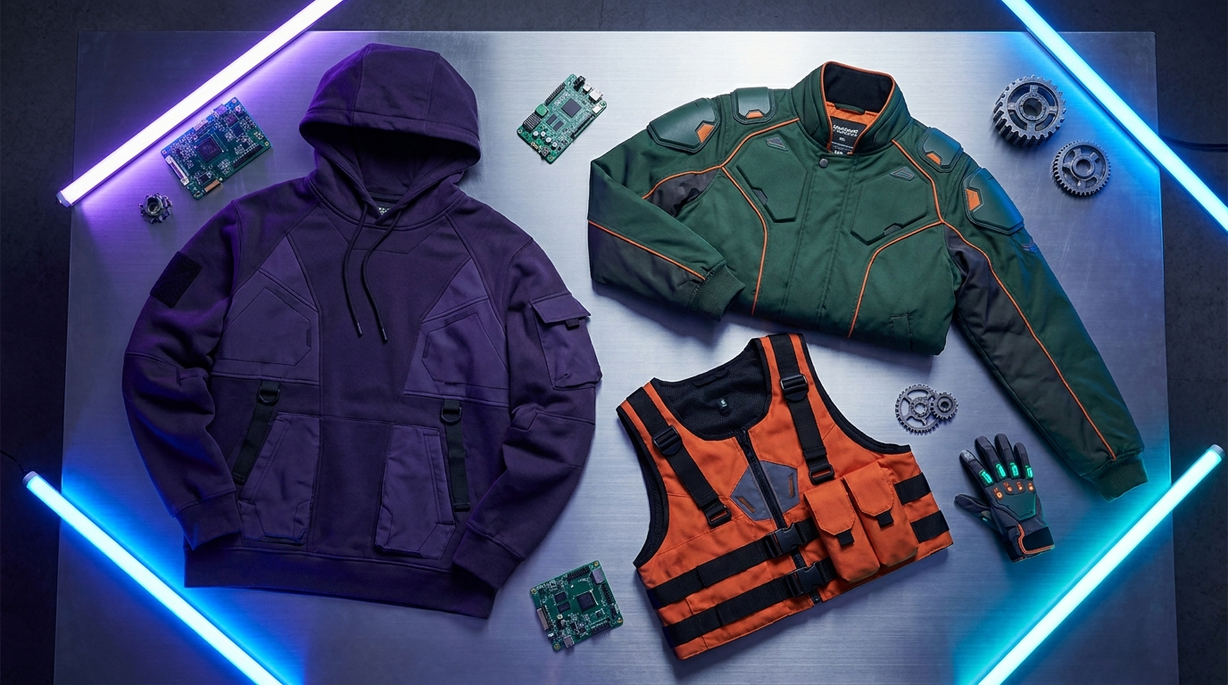 Neon Genesis Evangelion themed purple green and orange mecha apparel flat lay