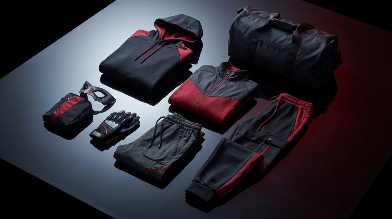 Persona 5 themed red and black stylish phantom thief apparel flat lay