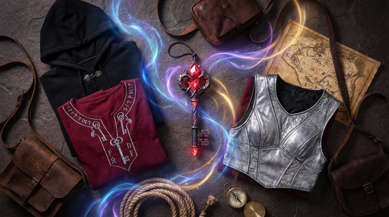 Kingdom Hearts Sora themed black red and silver keyblade apparel flat lay