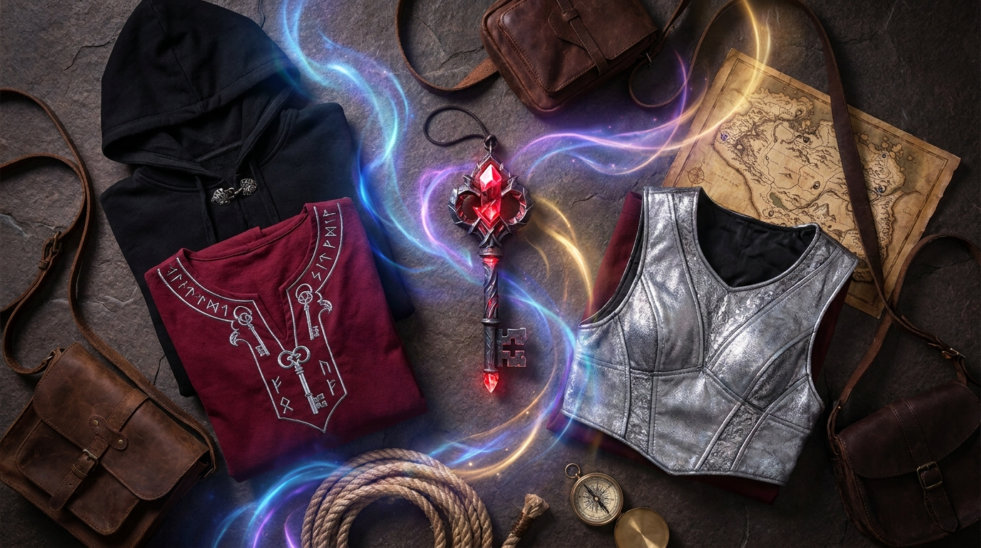 Kingdom Hearts Sora themed black red and silver keyblade apparel flat lay