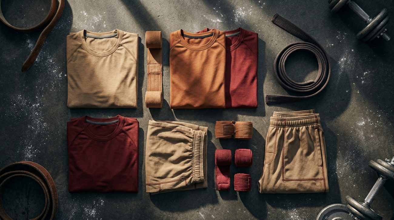Baki the Grappler themed tan and red martial arts apparel flat lay