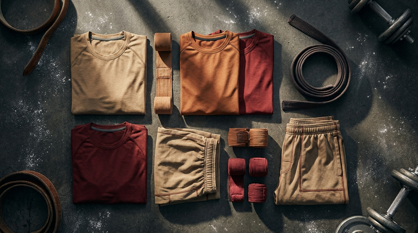 Baki the Grappler themed tan and red martial arts apparel flat lay