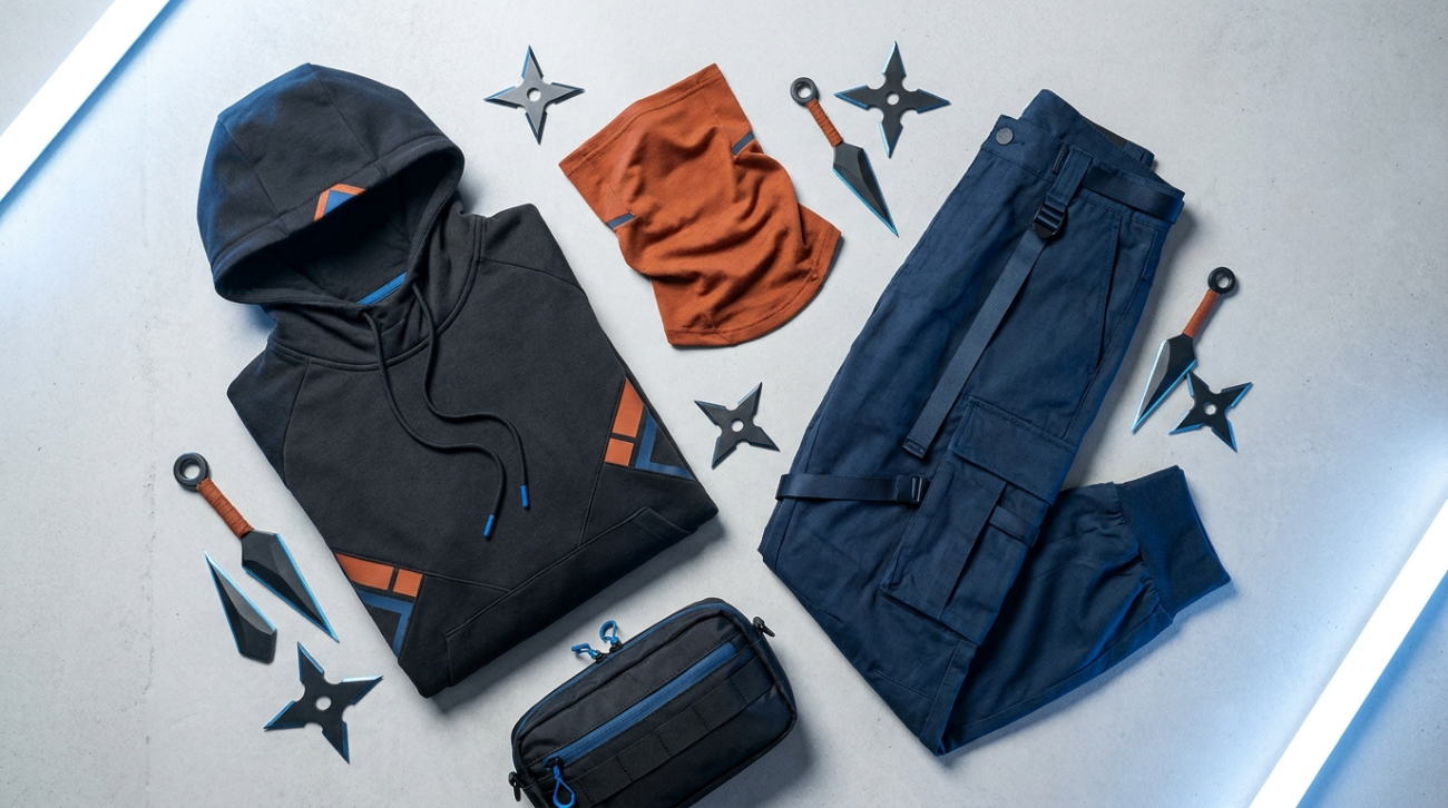 Boruto Next Generations themed orange blue and black ninja apparel flat lay