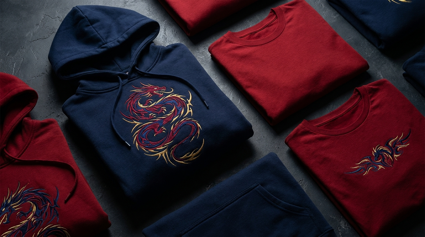 Pokemon Garchomp themed navy and red dragon streetwear apparel flat lay