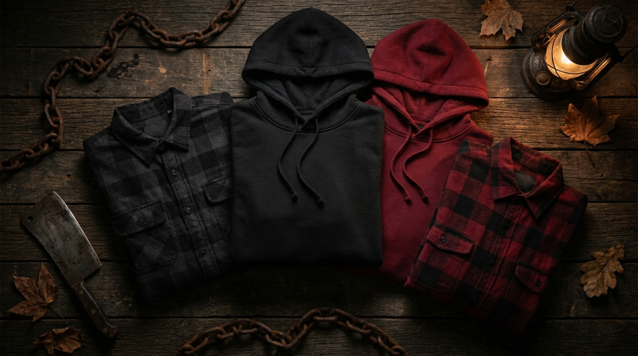Horror movie themed dark slasher apparel flat lay in black and red