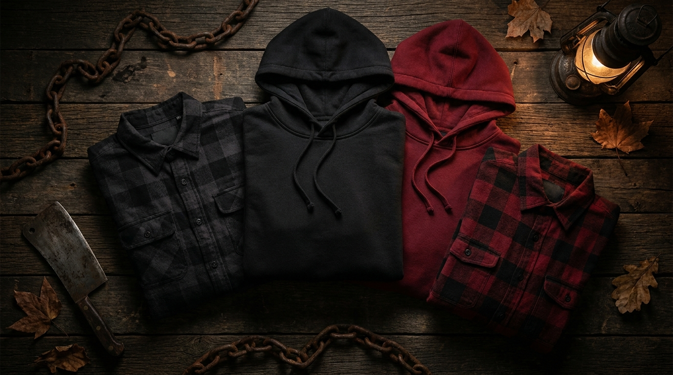 Horror movie themed dark slasher apparel flat lay in black and red