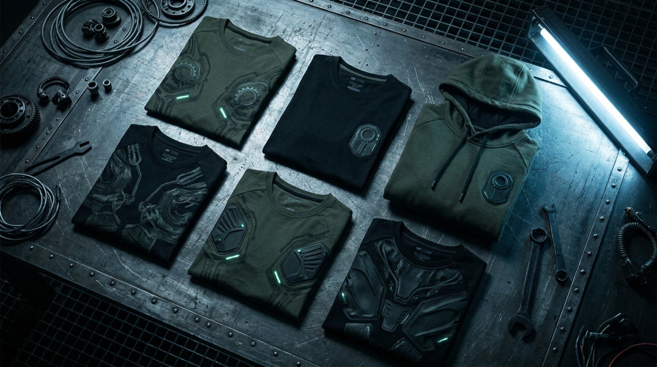 Alien vs Predator themed dark green and black sci-fi creature apparel flat lay